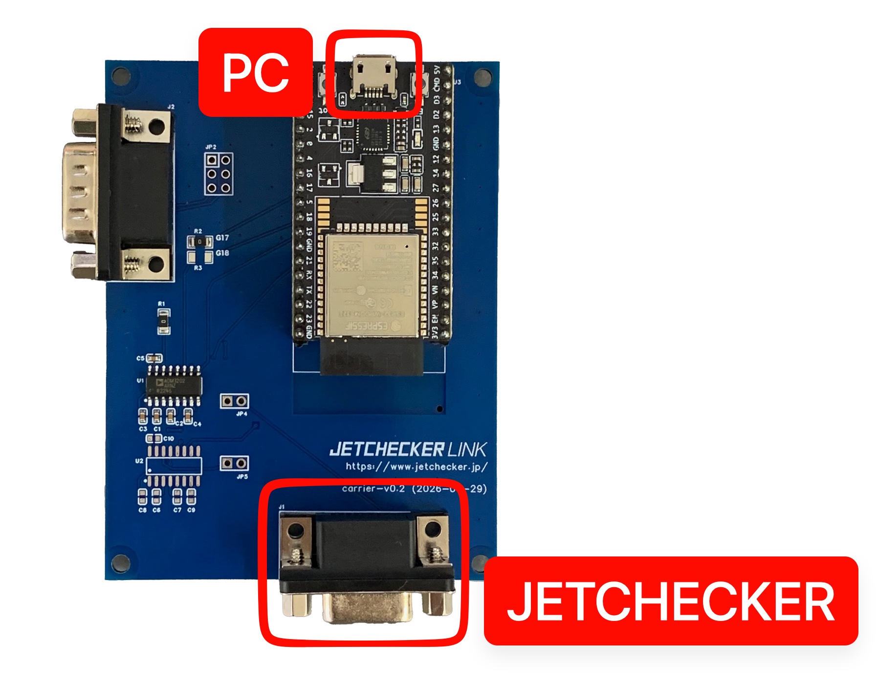 接続ユニット。上の USB が PC へ、下の D-SUB 端子が計数機へ