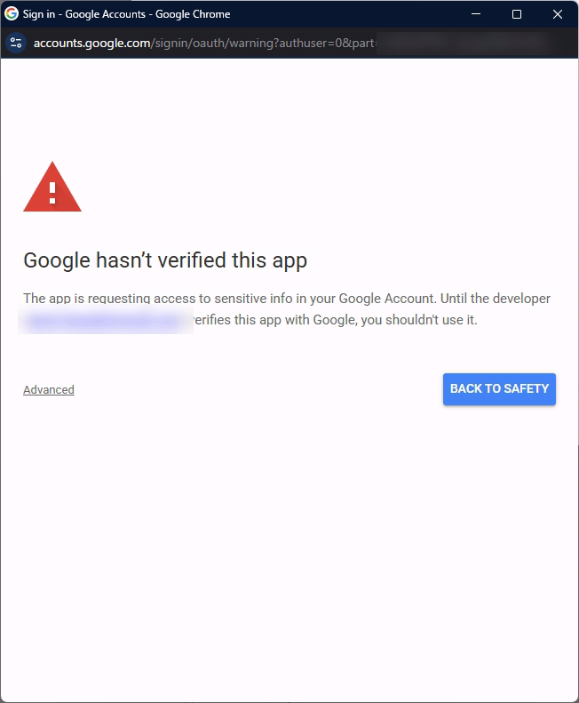 Google hasn't verified this app の警告画面