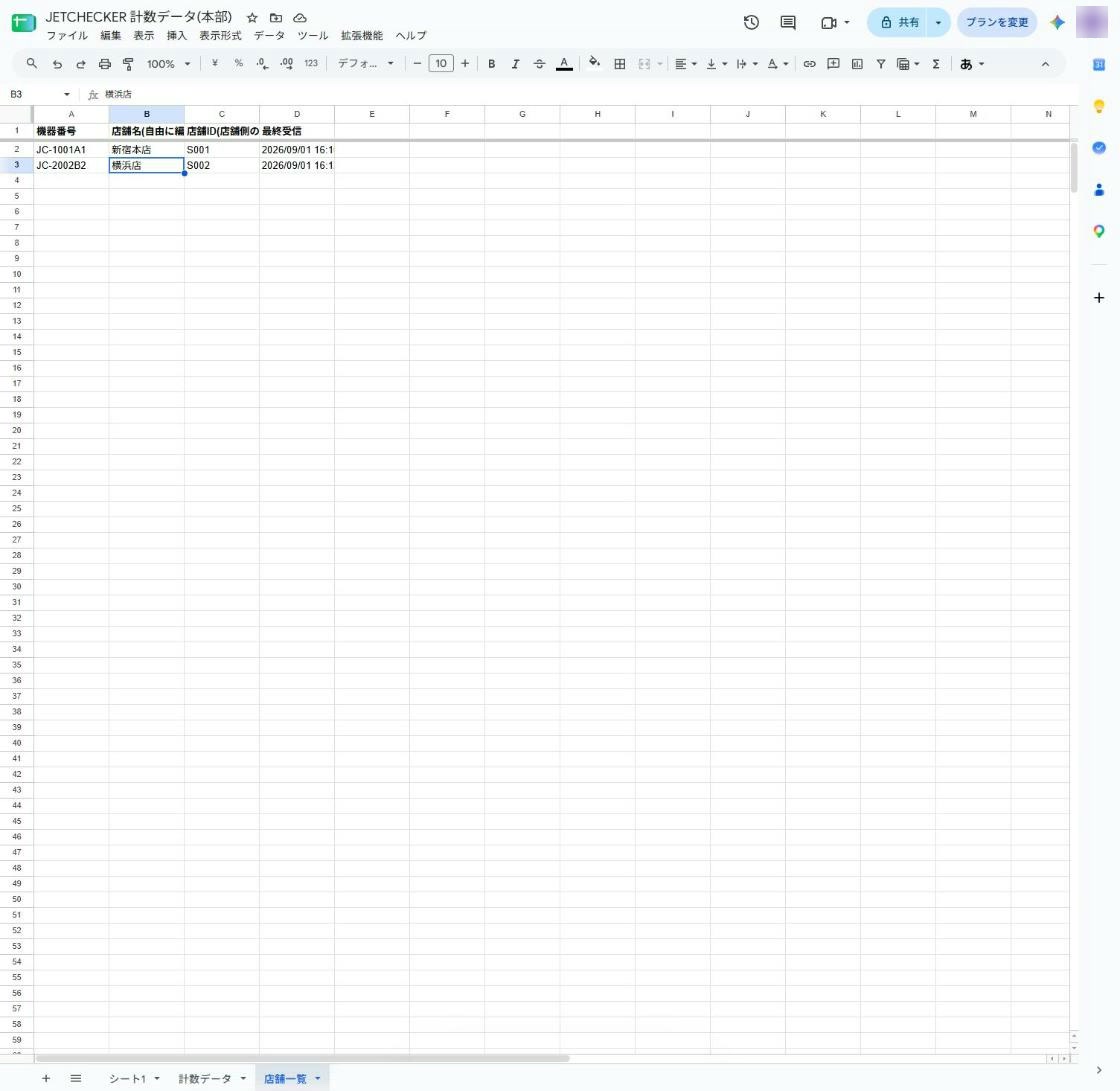 店舗一覧シート。機器番号ごとに店舗名を記入した状態