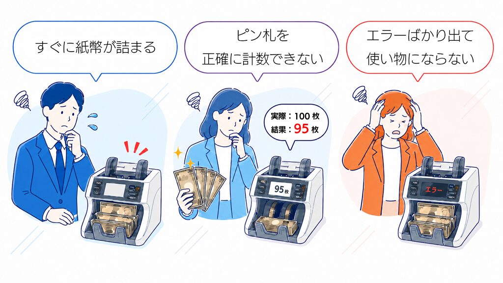- すぐに紙幣が詰まる - ピン札を正確に計数できない - エラーばかり出て使い物にならない
